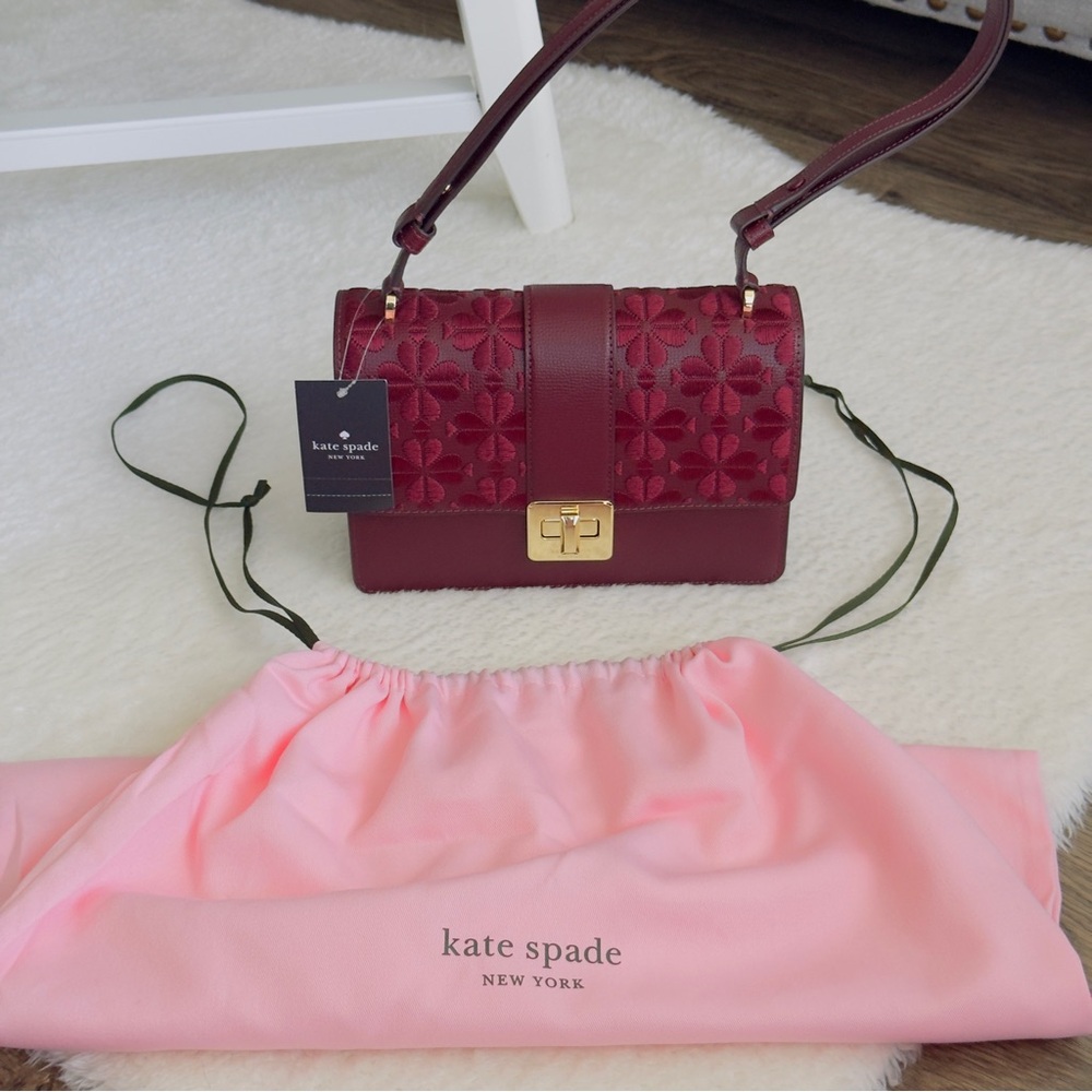 KATE SPADE Maroon Embroidered Floral Limited Edition Crossbody Bag - Picture 14 of 14